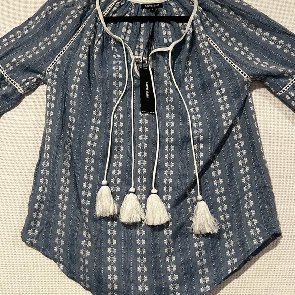 Love Sam Anthropologie Blue/white Boho Peasant Blouse Puff Sleeves Sz Small NWT - Picture 5 of 10